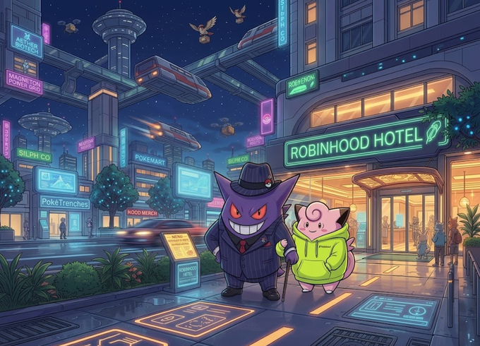 Gengar and Blissey walking past the Robinhood Hotel at night