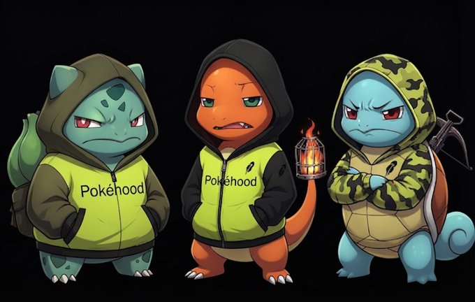 The three hooded starters wearing Pokéhood jackets